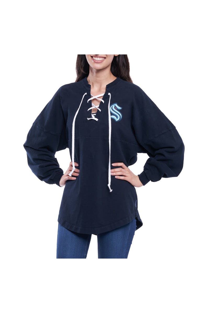 FANATICS Women's Fanatics Branded Navy Seattle Kraken Lace Up Long Sleeve Spirit Top, Alternate, color, Navy