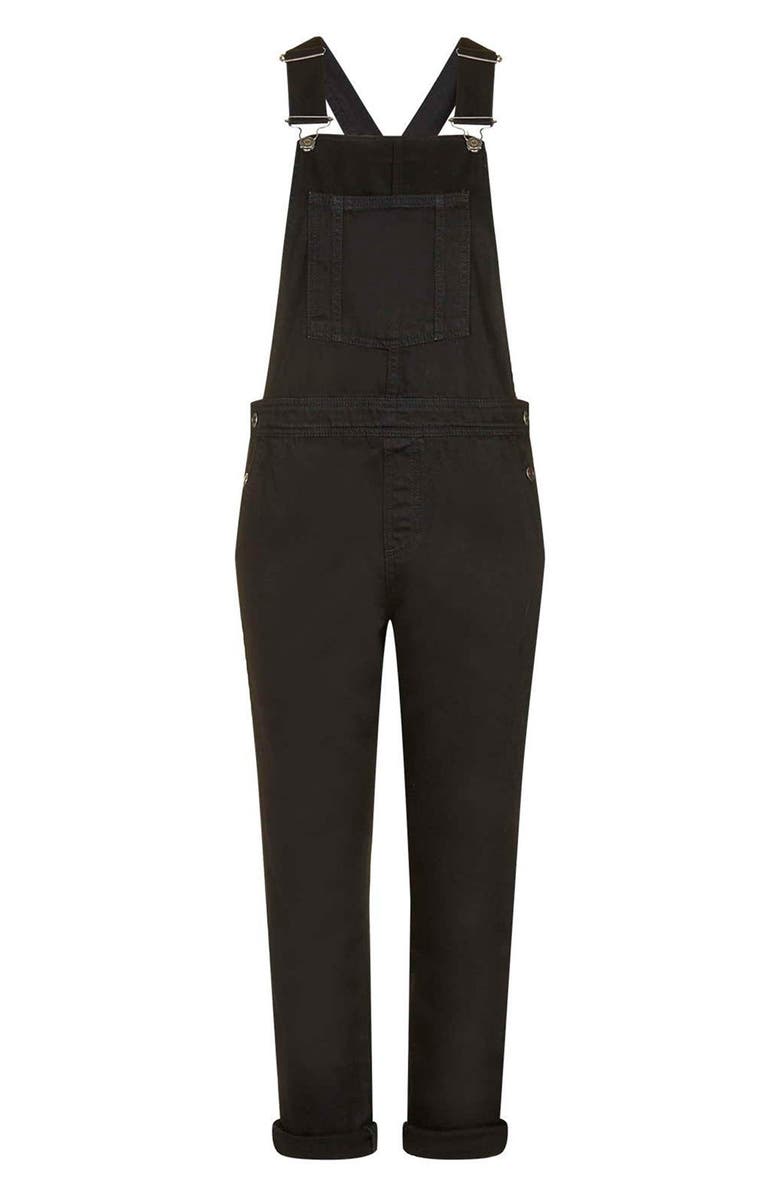 Topshop Black Denim Overalls, Alternate, color, 