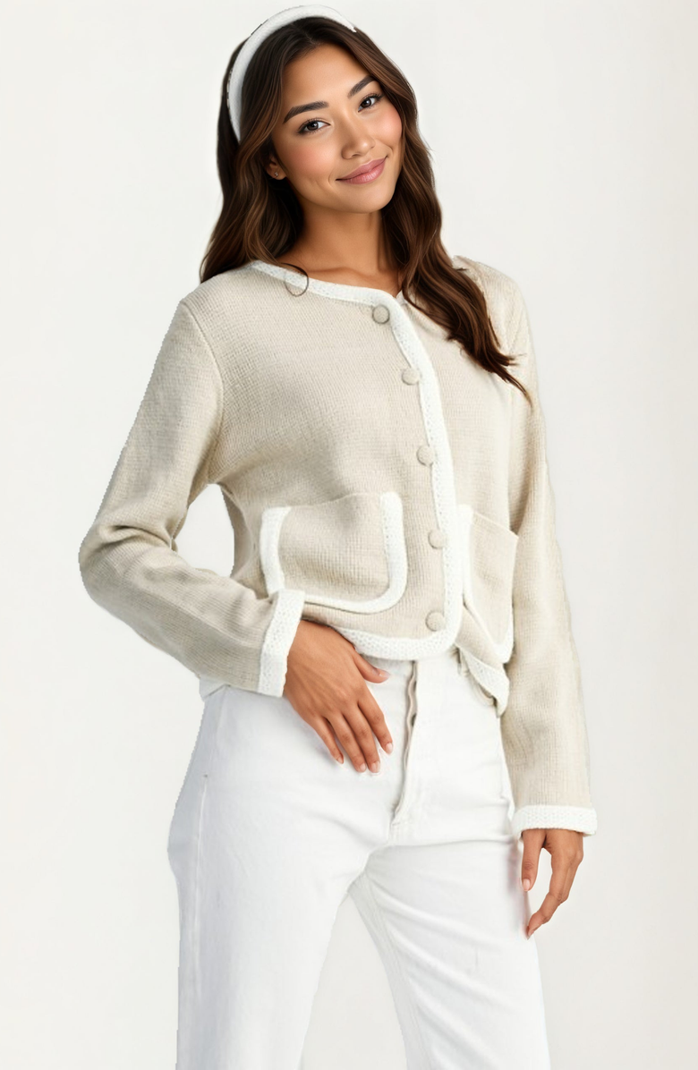 Knit and Lounge Button Front Contrast Trim Patch Pocket Cardigan, Alternate, color, Beige With White Trim