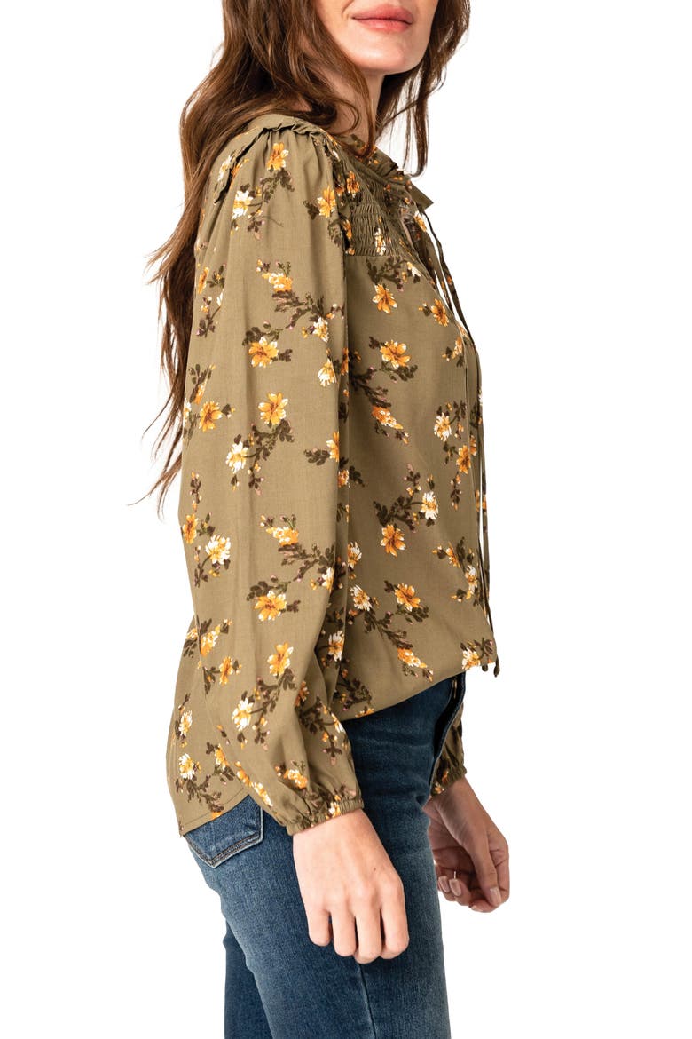 Tie Neck Long Sleeve Smoked Yoke Blouse, Alternate, color, OLIVE FALL FLORAL