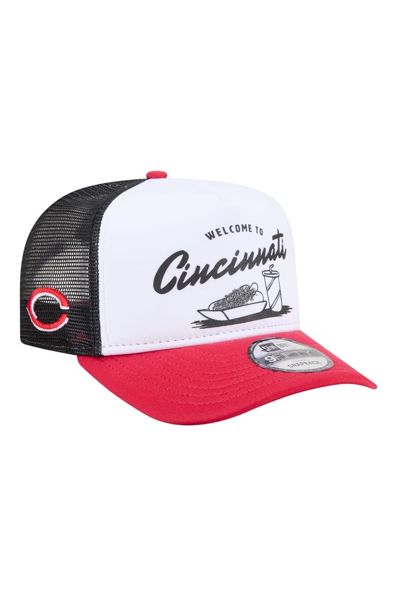 Men's New Era  White/Red Cincinnati Reds Foodie A-Frame 9FIFTY Trucker Snapback Hat, Main, color, White