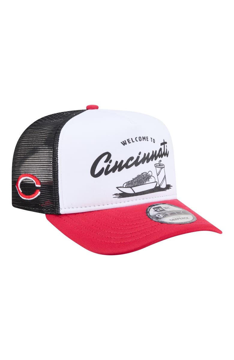 New Era Men's New Era  White/Red Cincinnati Reds Foodie A-Frame 9FIFTY Trucker Snapback Hat, Main, color, White