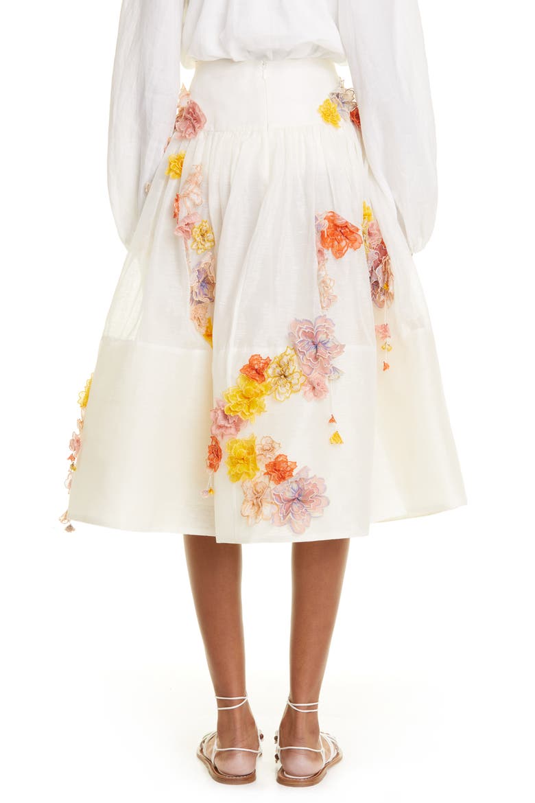 Postcard Floral Appliqué Linen & Silk Skirt, Alternate, color, IVORY
