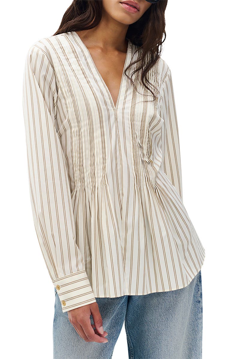 rag
bone Asher Stripe Pleated Cotton Blouse, Main, color, Brown Stripe