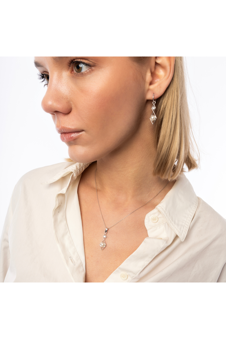 Sterling Silver Rhombus 3D Pearl Necklace, Alternate, color, Silver