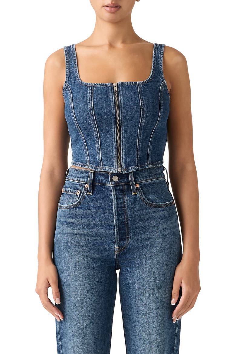 Zip Corset Denim Top, Main, color, SHES SO VAGUE
