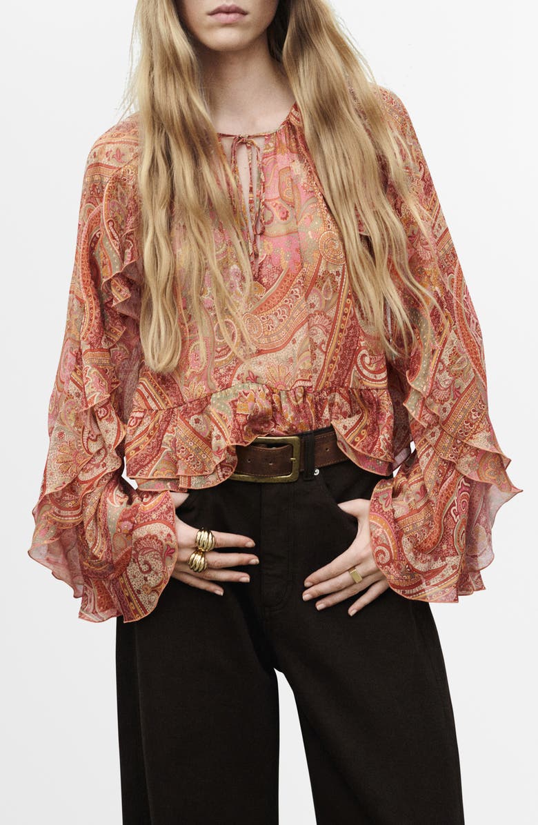 MANGO Paisley Print Long Sleeve Shirt, Main, color, Brown