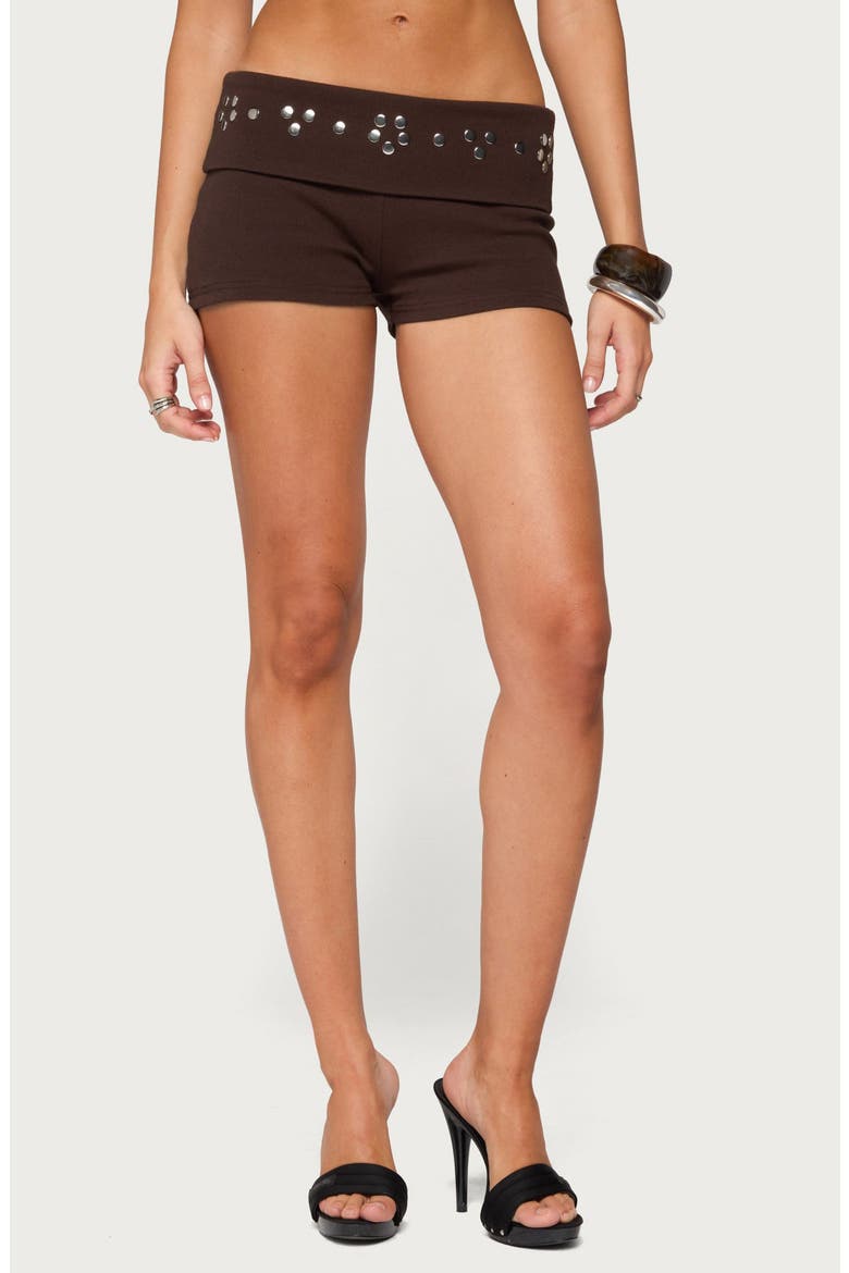 Fontey Studded Foldover Micro Shorts, Main, color, BROWN