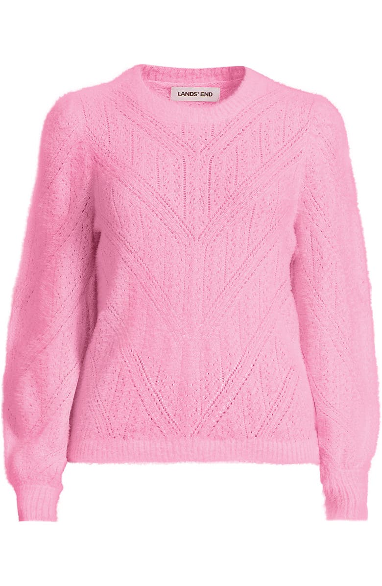 Lands
 End Eyelash Fuzzy Pointelle Puff Sleeve Sweater, Alternate, color, Seaside Pink