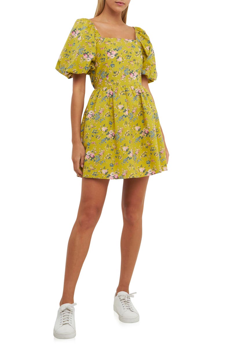 English Factory Floral Print Cutout Back Puff Sleeve Minidress, Main, color, Celery