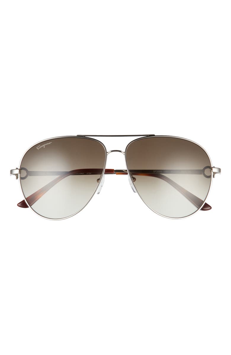 FERRAGAMO 61mm Timeless Aviator Sunglasses, Main, color, Light Ruthenium/ Grey