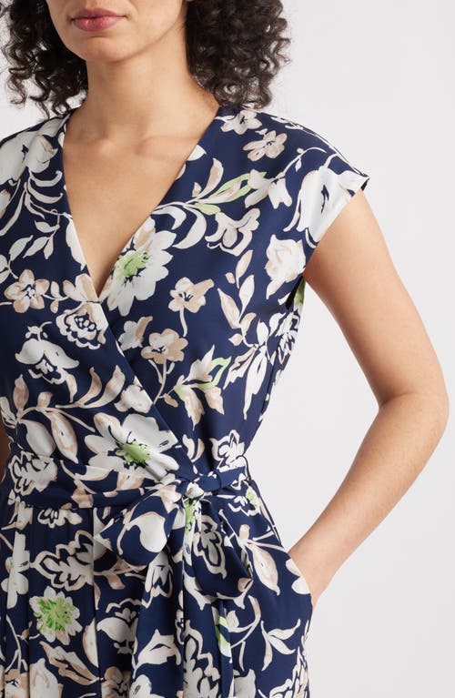 Tahari Asl Mixed Floral Print Crêpe De Chine Jumpsuit In Navy Ivory