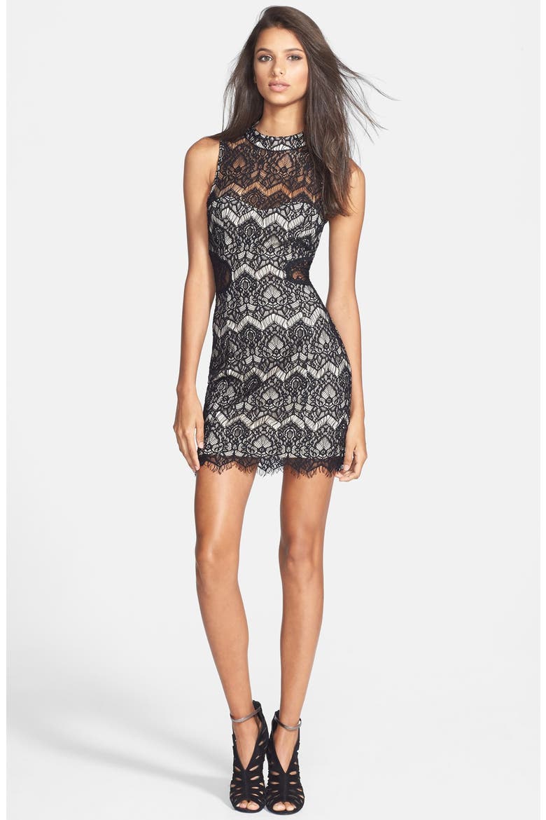Illusion Cutout Lace Body-Con Dress, Main, color, BLACK/ NUDE