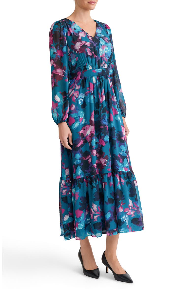 Floral Balloon Sleeve Midi Dress, Alternate, color, BOTTLE TEAL MLT