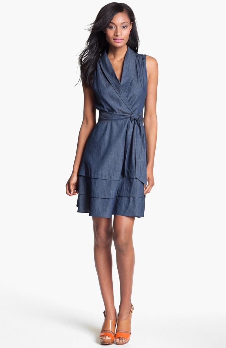 Adrianna Papell Faux Wrap Chambray Dress, Main, color,