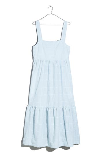Madewell Cicely Patchwork Tiered Midi Dress In Blue/white