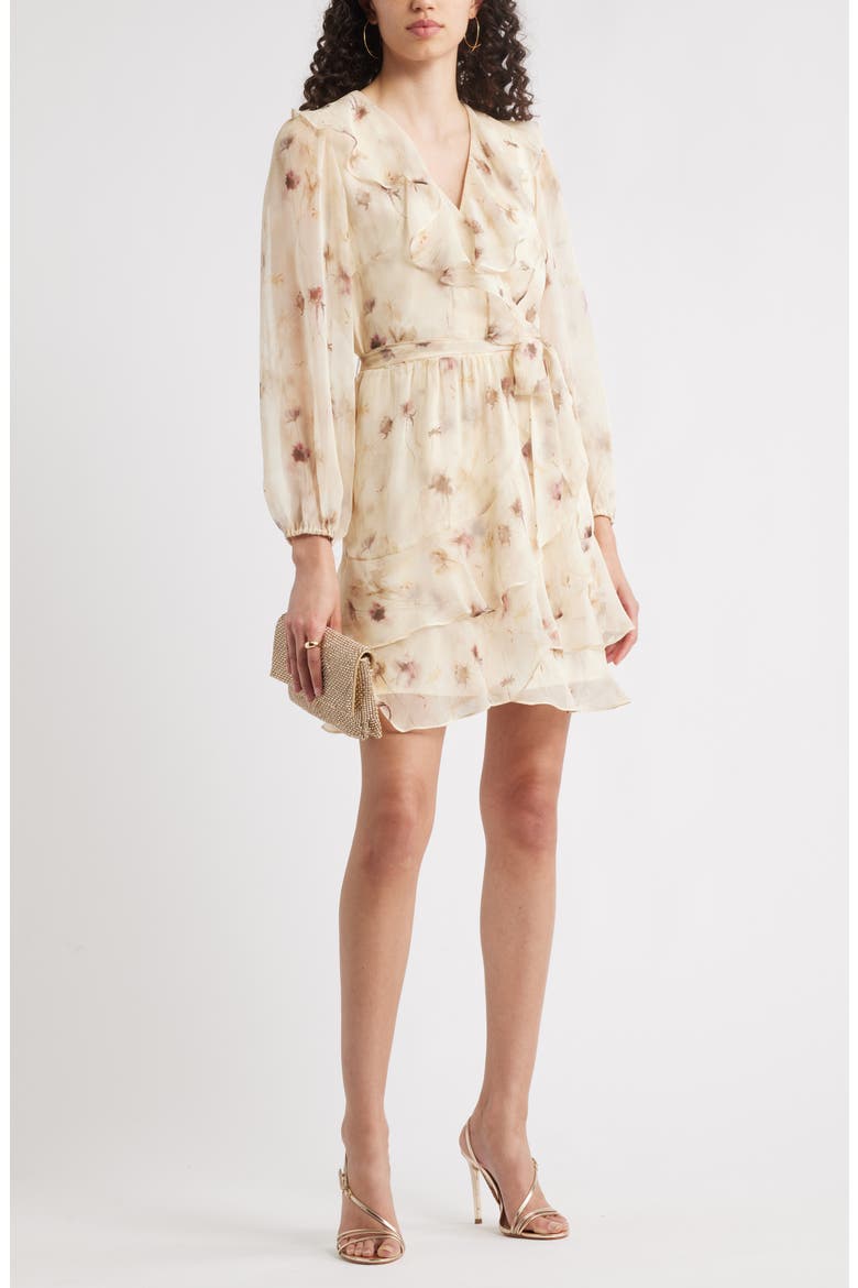 Floral Ruffle Trim Long Sleeve Chiffon Minidress, Alternate, color, BEIGE FLORAL