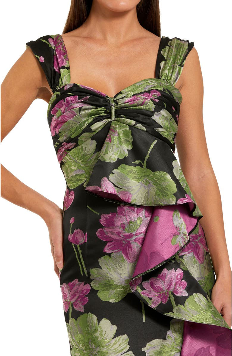 Mac Duggal Brocade Cap Sleeve Ruffle Ankle Dress, Alternate, color, Black Multi