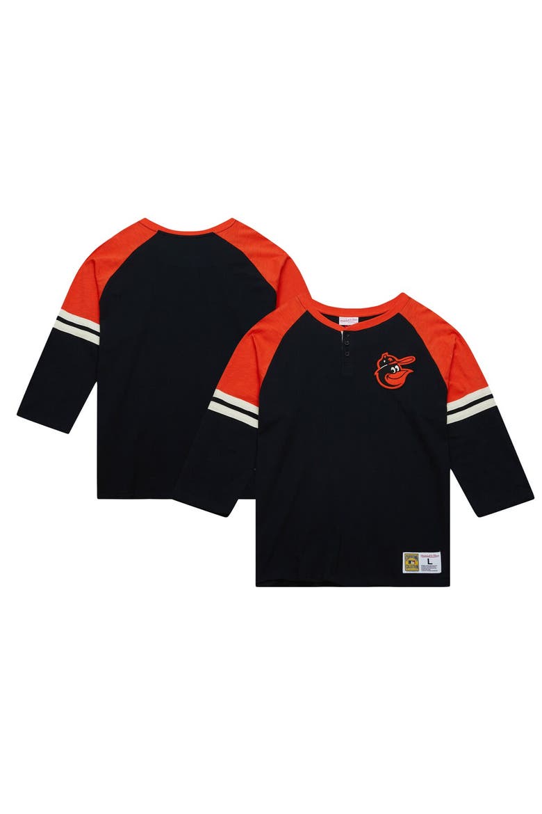 Men's Mitchell & Ness Black Baltimore Orioles Cooperstown Collection Legendary Raglan Slub Henley 3/4-Sleeve T-Shirt, Main, color, Black