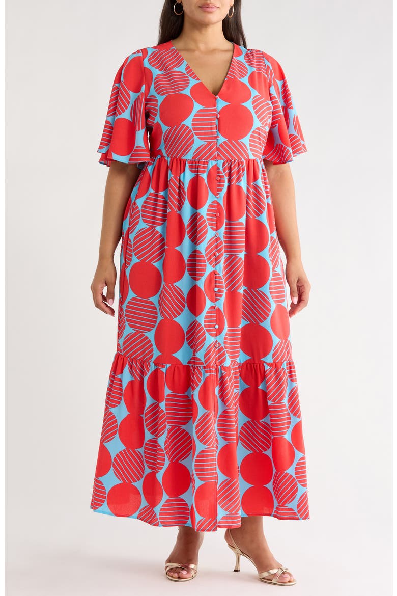 Print Ruffle Hem Maxi Dress, Main, color, BLUE-RED