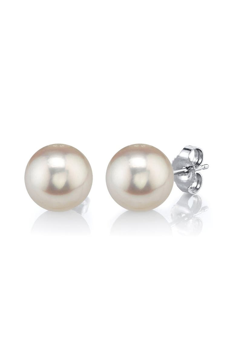 8mm White Freshwater Round Pearl Stud Earrings, Main, color, White Gold