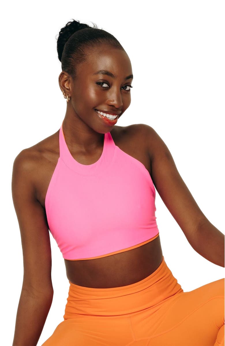 TUTUBLUE Women's Reversible Halter Swim Top - UPF 50+, Main, color, Hot Neon Pink