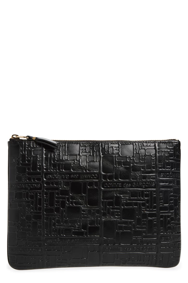 Embossed Logo Leather Pouch, Main, color, BLACK