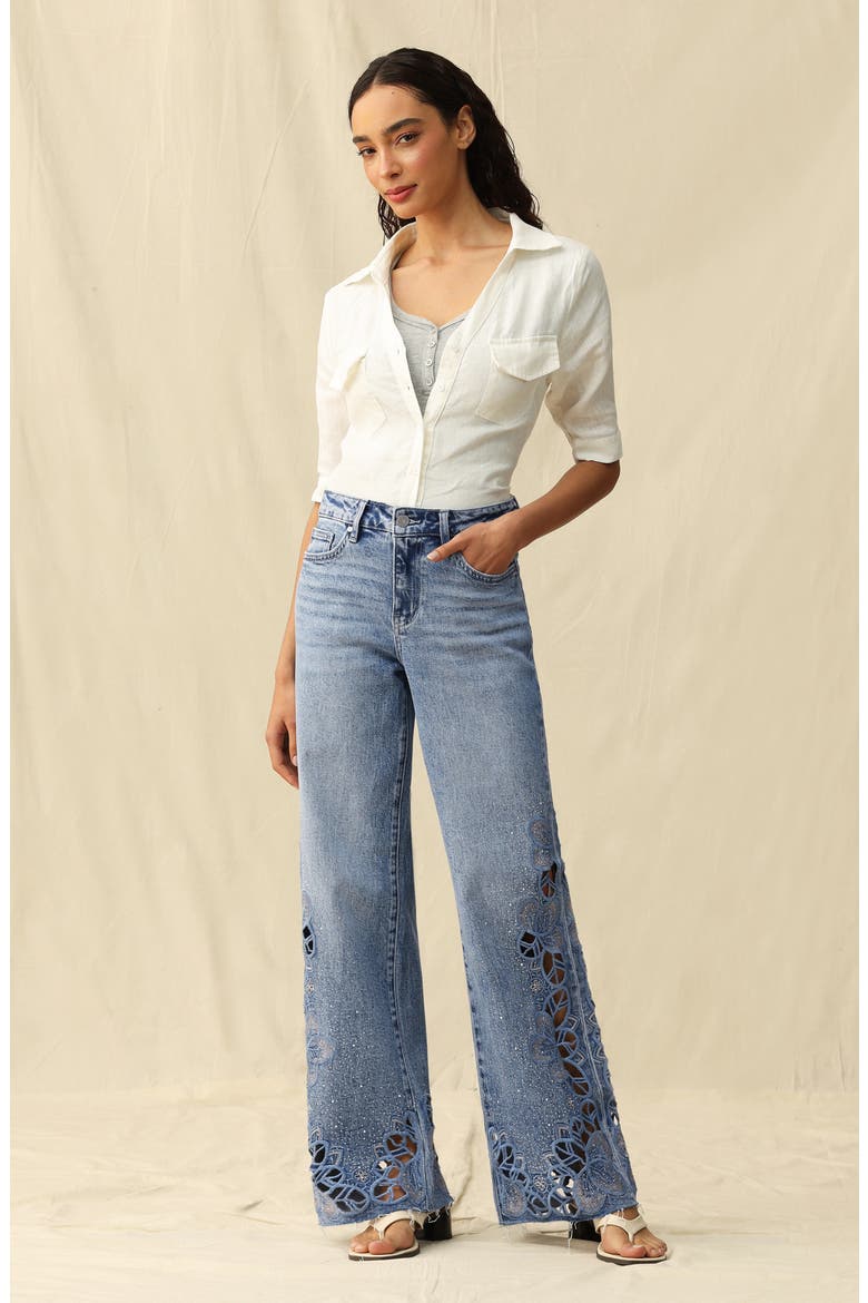 Floral Embroidered Raw Hem Wide Leg Jeans, Alternate, color, LIGHT BLUE