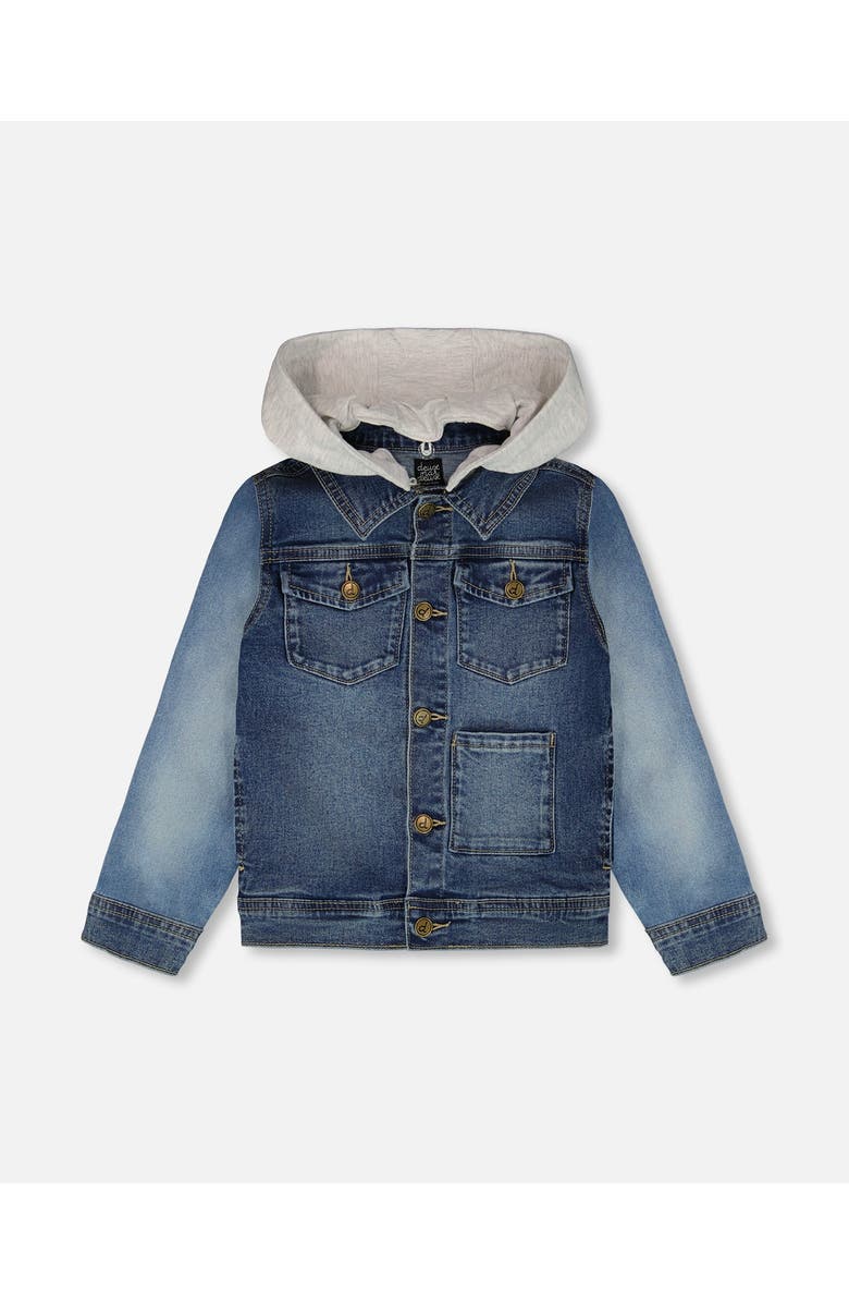 Deux par Deux Denim Jacket with Removable French Terry Hood, Main, color, Navy Blue Denim