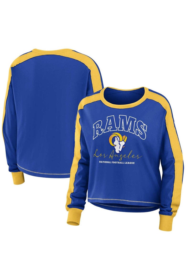 Women's WEAR by Erin Andrews Royal/Gold Los Angeles Rams Color Block Modest Crop Long Sleeve T-Shirt, Main, color, Royal