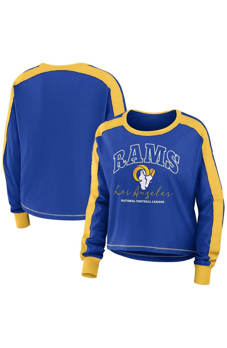 WEAR by Erin Andrews Women's WEAR by Erin Andrews Royal/Gold Los Angeles Rams Color Block Modest Crop Long Sleeve T-Shirt, Main, color, Royal