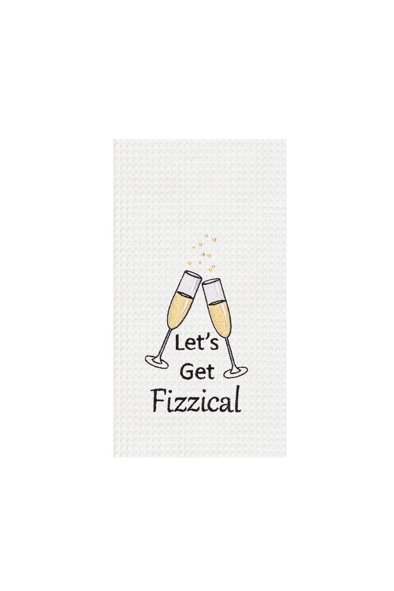 "Let's Get Fizzical" Bubbly Champagne Glasses Funny Waffle Weave Embroidered Dishtowel, Main, color, Yellow