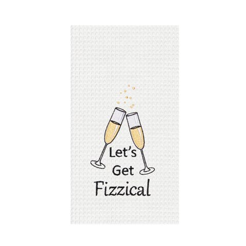 "Let's Get Fizzical" Bubbly Champagne Glasses Funny Waffle Weave Embroidered Dishtowel