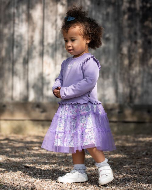 Deux Par Deux Bi-material Dress With Muslin And Mesh Skirt In Purple