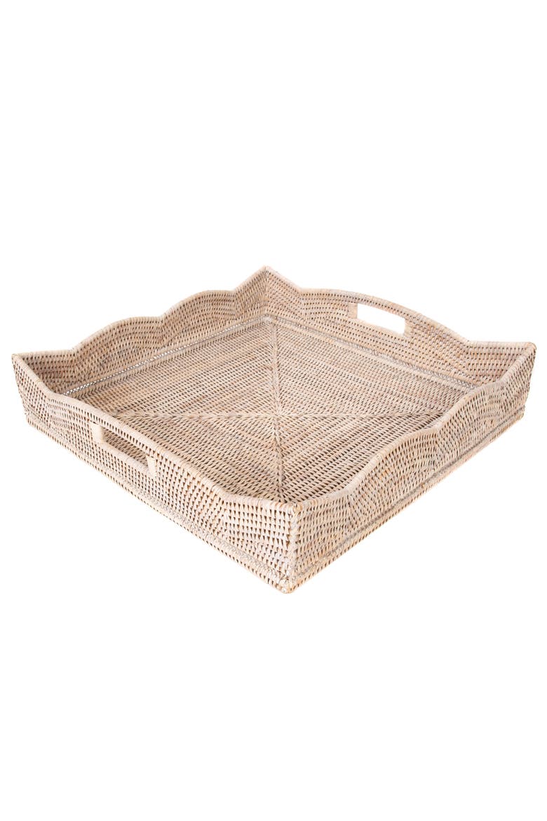 Artifacts Rattan Scallop Collection Square Tray With Cutout Handles, Main, color, White Wash