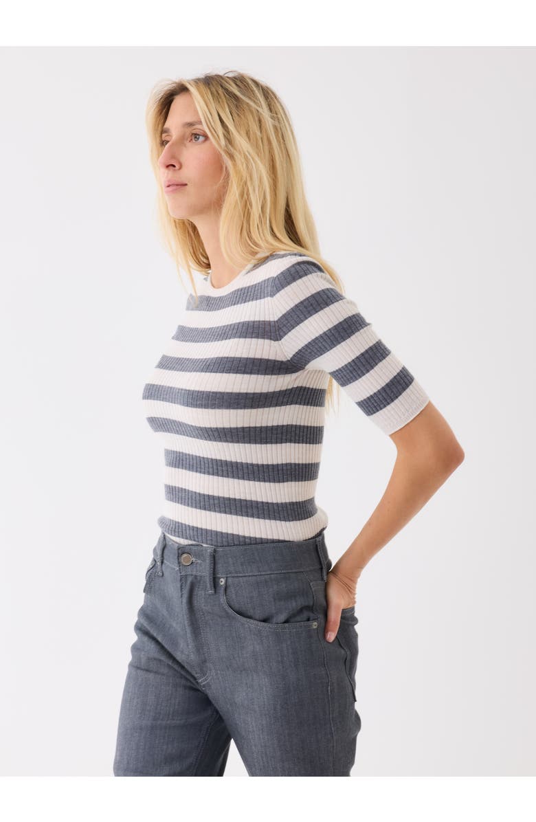 Majestic Filatures Merino Superfine Rib Knit Stripe Crewneck, Alternate, color, Milk/Gris Chine