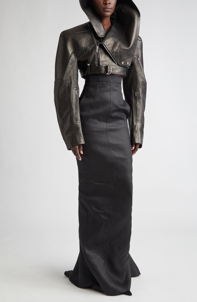 Rick Owens Hooded Leather Micro Moto Jacket, Alternate, color, 