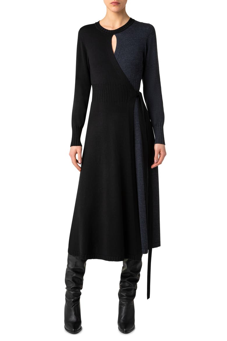 Colorblock Wrap Sweater Dress, Main, color, 989-BLACK-CHARCOAL