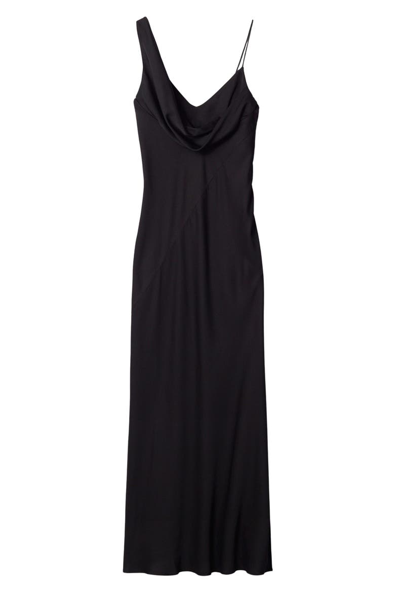 Asymmetric Cowl Neck Satin Midi Dress, Alternate, color, BLACK DARK