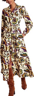 Boden Clara Print Tie Waist Long Sleeve Corduroy Midi Shirtdress