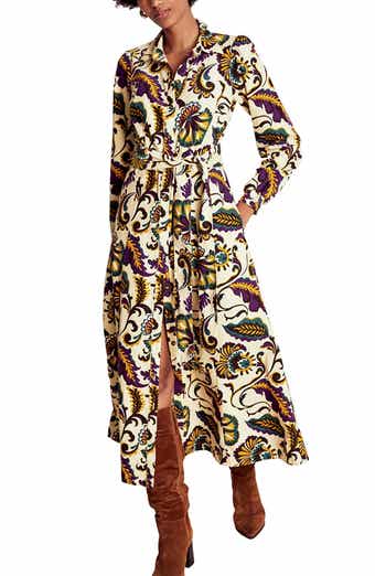 Boden Clara Print Tie Waist Long Sleeve Corduroy Midi Shirtdress