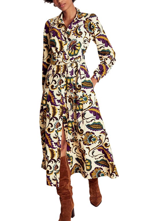 Boden Clara Print Tie Waist Long Sleeve Corduroy Midi Shirtdress In Neutral