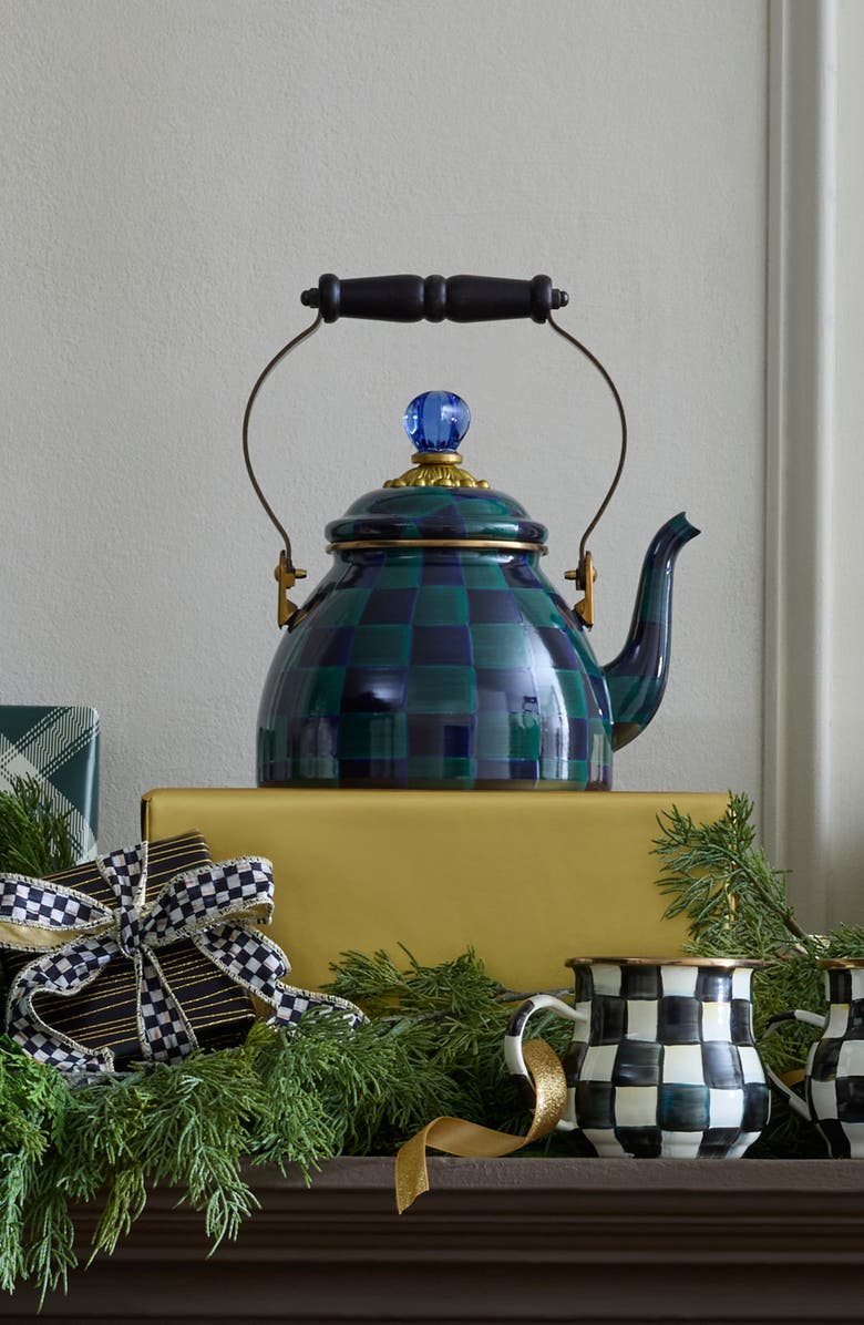 MACKENZIE CHILDS Juniper Check Enameled Steel 2-Quart Tea Kettle, Alternate, color, Green