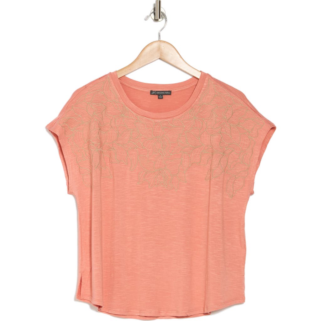 ADRIANNA PAPELL ADRIANNA PAPELL FLORAL EMBROIDERED SHORT SLEEVE T-SHIRT