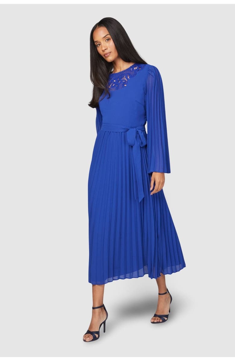 Wallis Pleated Floral Trim Midi Dress, Main, color, Cobalt