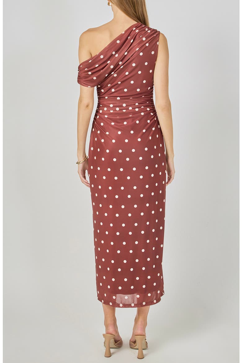 Dot Ruched One-Shoulder Mesh Maxi Dress, Alternate, color, BROWN/ IVORY