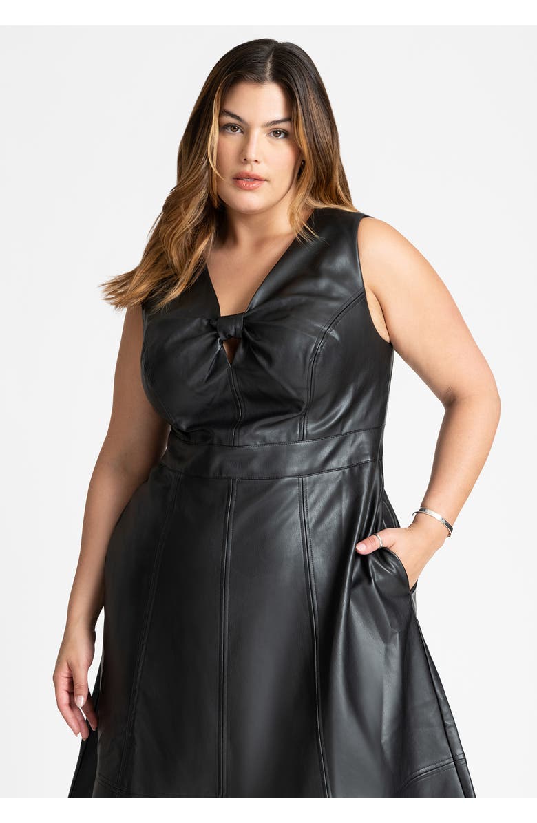 ELOQUII Faux Leather Knot Detail Flare Dress, Alternate, color, Black Onyx