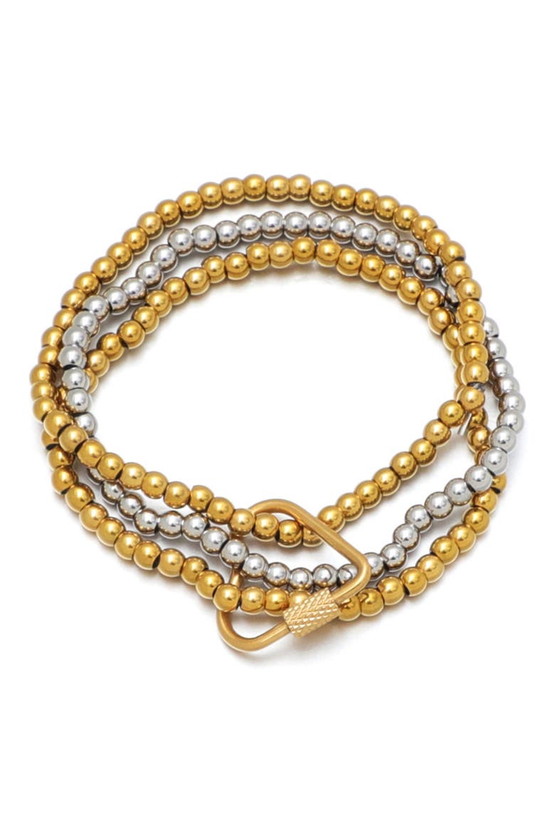 Set of 3 Two-Tone Heart Carabiner Beaded Stretch Bracelets, Alternate, color, GOLD/ SILVER