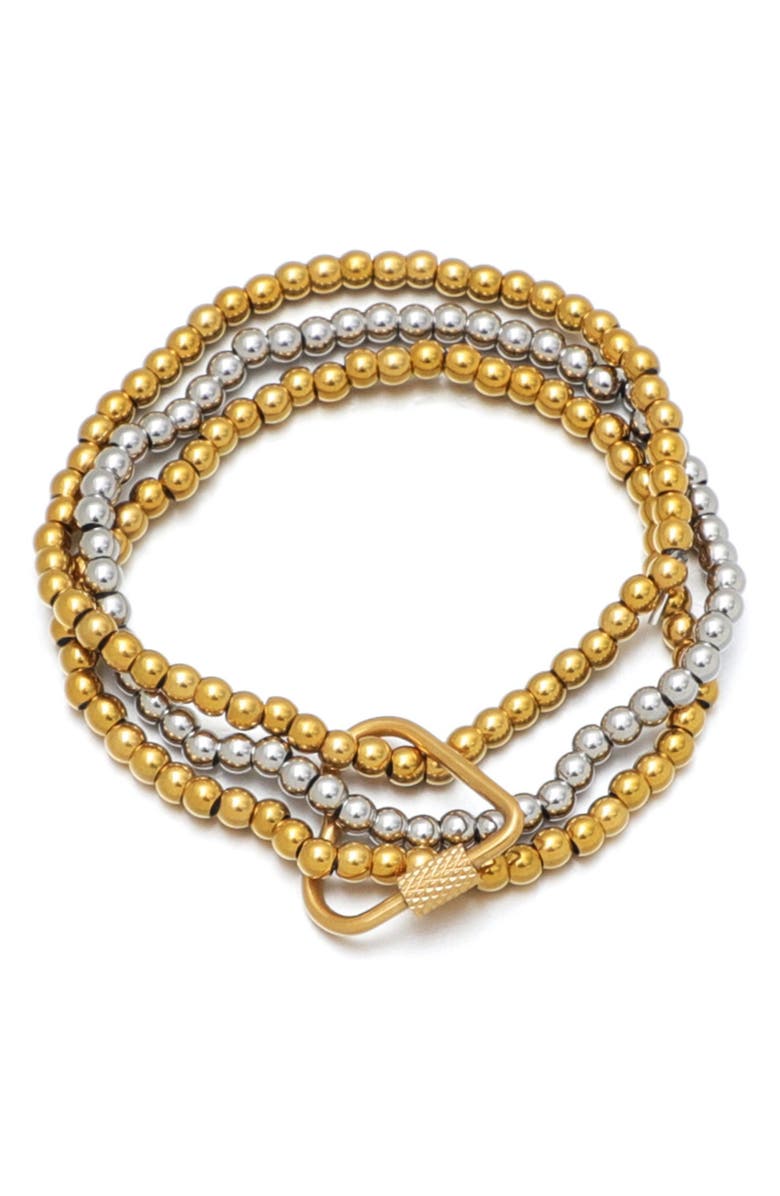 Adornia Set of 3 Two-Tone Heart Carabiner Beaded Stretch Bracelets, Main, color, Gold/ Silver