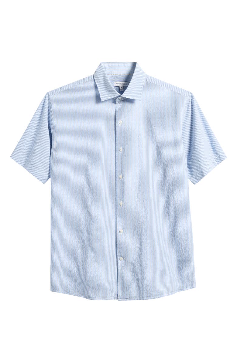 Peter Millar Coast Stripe Short Sleeve Cotton & Lyocell Seersucker Button-Up Shirt, Alternate, color, Bluebird